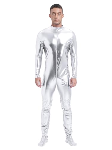 Aiihoo Herren Body Metallic Ganzkörperanzug Langarm Einteiler Overall Jumpsuit Gymnastikanzug Disco Tanzkostüm Karneval Fasching Kostüme Silber 3XL von Aiihoo