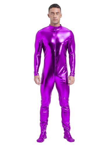 Aiihoo Herren Body Metallic Ganzkörperanzug Langarm Einteiler Overall Jumpsuit Gymnastikanzug Disco Tanzkostüm Karneval Fasching Kostüme Violett 3XL von Aiihoo