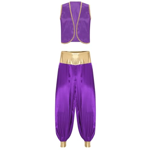 Aiihoo Herren Cosplay Kostüm Arabischer Prinz Weste und Satin Glanz Haremhose Aladinhose Karneval Halloween Cosplay Mottoparty Outfits Violett XL von Aiihoo