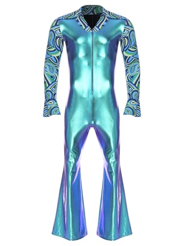 Aiihoo Herren Disco Body Metallic Ganzkörperanzug Langarm Overall Jumpsuit Gymnastikanzug Tanzkostüm Einteiler Karneval Fasching Kostüme Blau L von Aiihoo