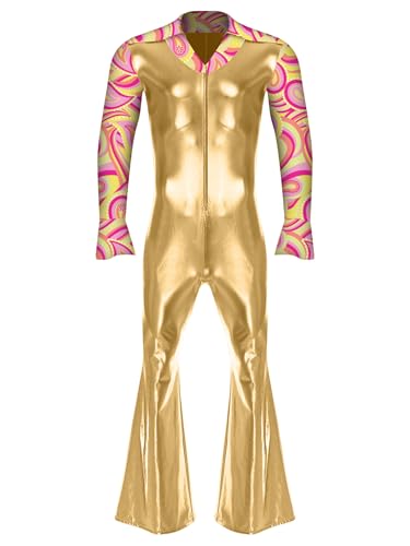 Aiihoo Herren Disco Body Metallic Ganzkörperanzug Langarm Overall Jumpsuit Gymnastikanzug Tanzkostüm Einteiler Karneval Fasching Kostüme Gold 3XL von Aiihoo