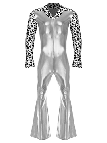 Aiihoo Herren Disco Body Metallic Ganzkörperanzug Langarm Overall Jumpsuit Gymnastikanzug Tanzkostüm Einteiler Karneval Fasching Kostüme Silber 3XL von Aiihoo