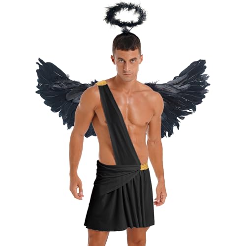 Aiihoo Herren Engel Kostüm Gott Toga Kleid mit Engelsflügel Heiligenschein Haarreif Halloween Karneval Fasching Cosplay Outfits Schwarz XXL von Aiihoo