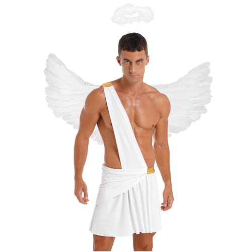 Aiihoo Herren Engel Kostüm Gott Toga Kleid mit Engelsflügel Heiligenschein Haarreif Halloween Karneval Fasching Cosplay Outfits Weiß L von Aiihoo