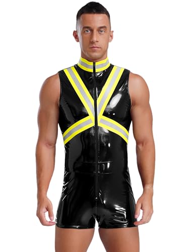 Aiihoo Herren Feuerwehrmann Kostüm Kunstleder Bodysuit Frontreißverschluss Reflektierende Streifen Jumpsuit Catsuit Feuerwehrmann Halloween Cosplay Schwarz XL von Aiihoo