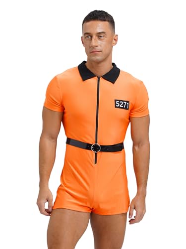 Aiihoo Herren Gefangener Kostüm Reißverschluss Kurzarm Langarm Jumpsuit mit Gürtel Halloween Party Outfit Orange L von Aiihoo