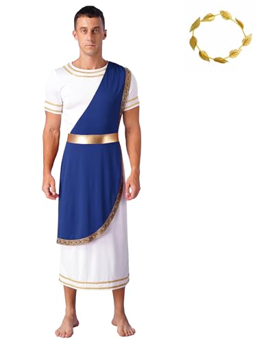 Aiihoo Herren Griechischer Gott Kostüm Römer Toga Kostüm mit Gold Blätter Stirnband Zeus Kostüm Erwachsener Kaiser Cosplay Halloween Karneval Kostüm Blau 3XL von Aiihoo