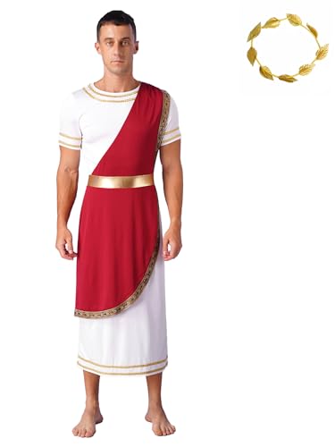 Aiihoo Herren Griechischer Gott Kostüm Römer Toga Kostüm mit Gold Blätter Stirnband Zeus Kostüm Erwachsener Kaiser Cosplay Halloween Karneval Kostüm Burgundy 3XL von Aiihoo