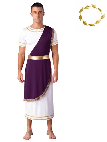 Aiihoo Herren Griechischer Gott Kostüm Römer Toga Kostüm mit Gold Blätter Stirnband Zeus Kostüm Erwachsener Kaiser Cosplay Halloween Karneval Kostüm Violett 3XL von Aiihoo