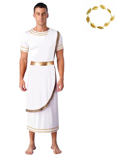 Aiihoo Herren Griechischer Gott Kostüm Römer Toga Kostüm mit Gold Blätter Stirnband Zeus Kostüm Erwachsener Kaiser Cosplay Halloween Karneval Kostüm Weiß 3XL von Aiihoo