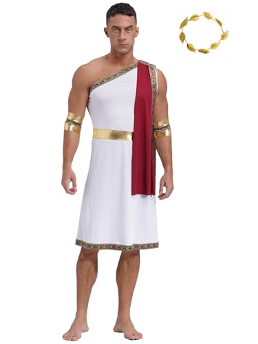 Aiihoo Herren Griechischer Gott Kostüm Römische Reiter Toga Kostüm One Shoulder Robe + Gold Lorbeerkranz Halloween Kostüm Karneval Fasching Cosplay Burgundy S von Aiihoo