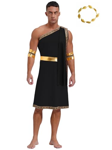 Aiihoo Herren Griechischer Gott Kostüm Römische Reiter Toga Kostüm One Shoulder Robe + Gold Lorbeerkranz Halloween Kostüm Karneval Fasching Cosplay Schwarz XXL von Aiihoo