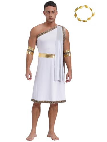 Aiihoo Herren Griechischer Gott Kostüm Römische Reiter Toga Kostüm One Shoulder Robe + Gold Lorbeerkranz Halloween Kostüm Karneval Fasching Cosplay Weiß L von Aiihoo