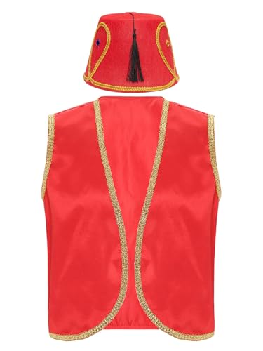 Aiihoo Herren Halloween Kostüm Arabischen Prinz Kostüm Satin Weste Gold Trim + Aladin Kostüm Hut Karneval Fasching Kostüm Mottoparty Burgundy L von Aiihoo