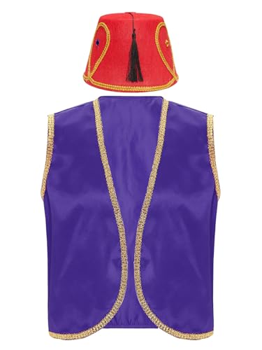 Aiihoo Herren Halloween Kostüm Arabischen Prinz Kostüm Satin Weste Gold Trim + Aladin Kostüm Hut Karneval Fasching Kostüm Mottoparty Violett L von Aiihoo