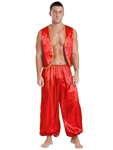 Aiihoo Herren Halloween Kostüm Arabischen Prinz Weste Gold Trim Satin Pumphose Vorne Offen Weste Aladin Hose Märchen Cosplay Karneval Kostüm Rot 3XL von Aiihoo