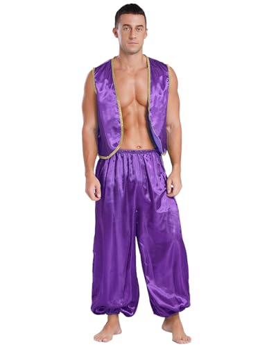 Aiihoo Herren Halloween Kostüm Arabischen Prinz Weste Gold Trim Satin Pumphose Vorne Offen Weste Aladin Hose Märchen Cosplay Karneval Kostüm Violett 4XL von Aiihoo