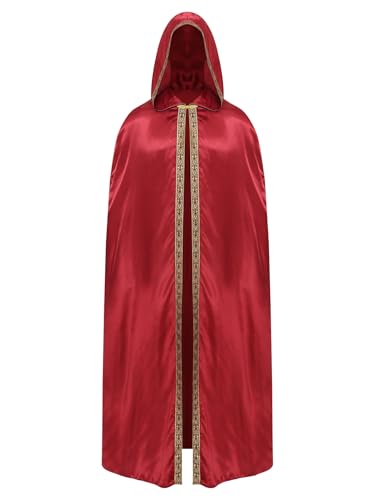 Aiihoo Herren Halloween Umhang mit Kapuzen Mittelalter Kapuzen Umhang Lang Robe Umhang Kostüm Vampir Kostüm Gothic Umhang Satin Cape Hexe Kostüm Burgundy 3XL von Aiihoo