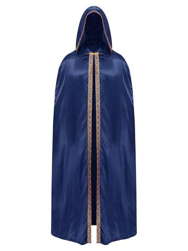 Aiihoo Herren Halloween Umhang mit Kapuzen Mittelalter Kapuzen Umhang Lang Robe Umhang Kostüm Vampir Kostüm Gothic Umhang Satin Cape Hexe Kostüm Navyblau 3XL von Aiihoo