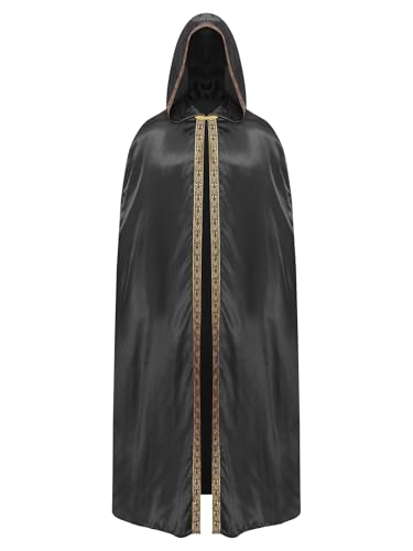 Aiihoo Herren Halloween Umhang mit Kapuzen Mittelalter Kapuzen Umhang Lang Robe Umhang Kostüm Vampir Kostüm Gothic Umhang Satin Cape Hexe Kostüm Schwarz 3XL von Aiihoo