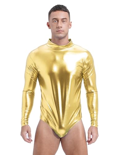 Aiihoo Herren Metallic Body Shiny Bodysuit Langarm Turnbody mit Reißverschlüsse Catsuit Jumpsuit Leotard Alien Halloween Fasching Kostüm Gold XXL von Aiihoo