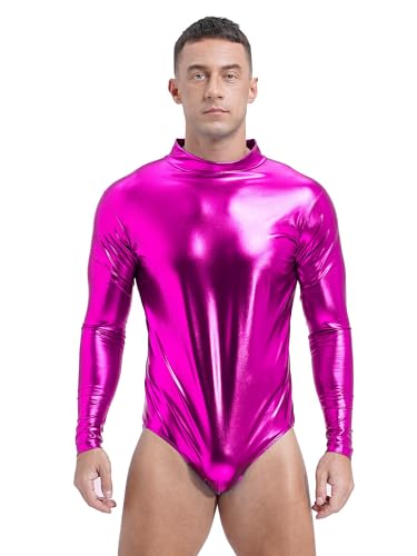 Aiihoo Herren Metallic Body Shiny Bodysuit Langarm Turnbody mit Reißverschlüsse Catsuit Jumpsuit Leotard Alien Halloween Fasching Kostüm Hot Pink XL von Aiihoo