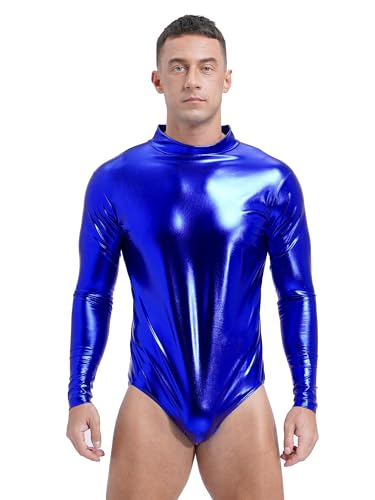 Aiihoo Herren Metallic Body Shiny Bodysuit Langarm Turnbody mit Reißverschlüsse Catsuit Jumpsuit Leotard Alien Halloween Fasching Kostüm Königsblau XXL von Aiihoo