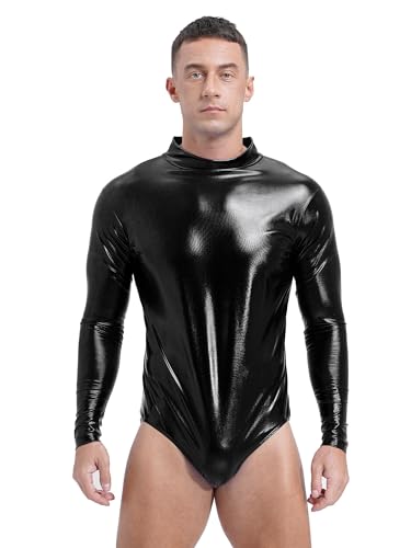 Aiihoo Herren Metallic Body Shiny Bodysuit Langarm Turnbody mit Reißverschlüsse Catsuit Jumpsuit Leotard Alien Halloween Fasching Kostüm Schwarz L von Aiihoo