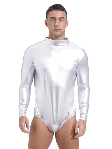 Aiihoo Herren Metallic Body Shiny Bodysuit Langarm Turnbody mit Reißverschlüsse Catsuit Jumpsuit Leotard Alien Halloween Fasching Kostüm Silber 3XL von Aiihoo