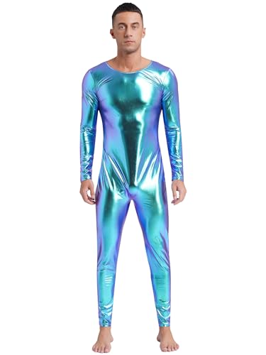 Aiihoo Herren Metallic Kostüm Glänzend Jumpsuit Rundhals Langarm Bodysuit Slim Fit Ganzkörper Bodysuit Overall Einteilig Bühnenkostüme Tanzkleidung Blau L von Aiihoo