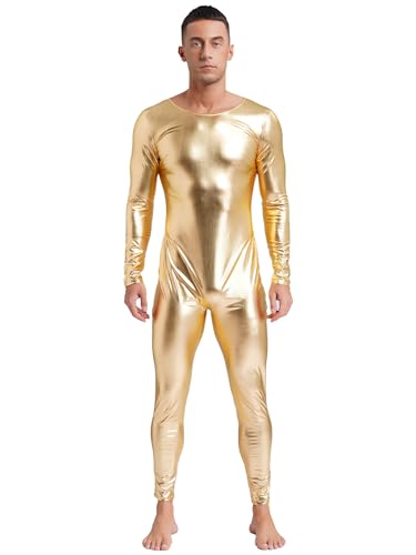 Aiihoo Herren Metallic Kostüm Glänzend Jumpsuit Rundhals Langarm Bodysuit Slim Fit Ganzkörper Bodysuit Overall Einteilig Bühnenkostüme Tanzkleidung Gold XXL von Aiihoo