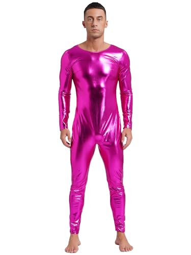 Aiihoo Herren Metallic Kostüm Glänzend Jumpsuit Rundhals Langarm Bodysuit Slim Fit Ganzkörper Bodysuit Overall Einteilig Bühnenkostüme Tanzkleidung Hot Pink XXL von Aiihoo