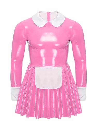 Aiihoo Herren Sissy Maid Lackleder Kleid Langarm Satin Schürze Tüll Unterrock A-Line Kleid Halloween Crossdresser Clubwear Rosa 4XL von Aiihoo