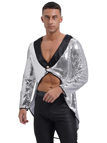 Aiihoo Herren Zirkus Kostüm Frack Jacke Mantel Metallic Ringmaster Kostüm Dompteur Frack Jacke Langarm Showman Karneval Kostüme Silber 3XL von Aiihoo