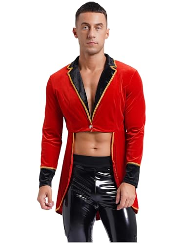 Aiihoo Herren Zirkus Kostüm Samt Frack Jacke Langarm Schwalbenschwanz Mantel Revers Blazer Anzugjacke Halloween Karneval Party Kostüm Rot L von Aiihoo