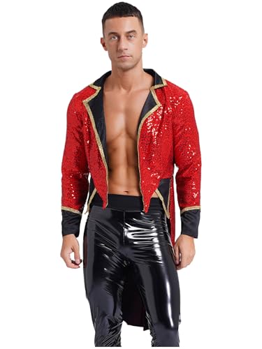 Aiihoo Herren Zirkus Kostüme Pailletten Frack Jacke Revers Langarm Smoking Jacke Oberbekleidung Ringmaster Halloween Kostüm Rot XL von Aiihoo