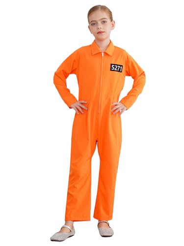 Aiihoo Kinder Häftling Kostüm Einteiliger Häftling Jumpsuit Langarm Bodysuit Gefängnis Uniform Themed Party Halloween Cosplay Kostüm Orange 110-116 von Aiihoo