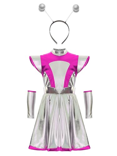 Aiihoo Kinder Halloween Kostüm Mädchen Alien Kostüm Metallic Kleid mit Ärmel Haarreifen Spacegirl Cosplay Zubehör Faschingskostüm Rosa 122-128 von Aiihoo