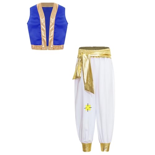 Aiihoo Kinder Kostüm Jungen Arabischer Prinz Weste und Haremhose Aladinhsoe Outfits Karneval Halloween Cosplay Outfits Königsblau 110-116 von Aiihoo