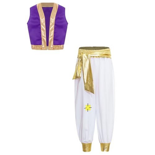 Aiihoo Kinder Kostüm Jungen Arabischer Prinz Weste und Haremhose Aladinhsoe Outfits Karneval Halloween Cosplay Outfits Violett 110-116 von Aiihoo