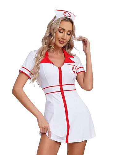 Aiihoo Krankenschwester Kostüm Damen Kurzarm Kleid Mini Rock mit Reißverschluss Schwesternhaube Nachtkleid Pflegeuniformen Cosplay Rollenspiele Outfit Weiß XXL von Aiihoo