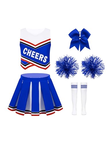 Aiihoo Mädchen Cheer Leader Kostüm Kinder Ärmellos Cheerleading Uniform Crop Top mit Mini Rock Pompoms Tanzbekleidung Karneval Party Halloween Kostüm A Blau 146-152 von Aiihoo