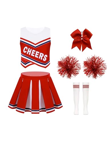 Aiihoo Mädchen Cheer Leader Kostüm Kinder Ärmellos Cheerleading Uniform Crop Top mit Mini Rock Pompoms Tanzbekleidung Karneval Party Halloween Kostüm A Rot 146-152 von Aiihoo