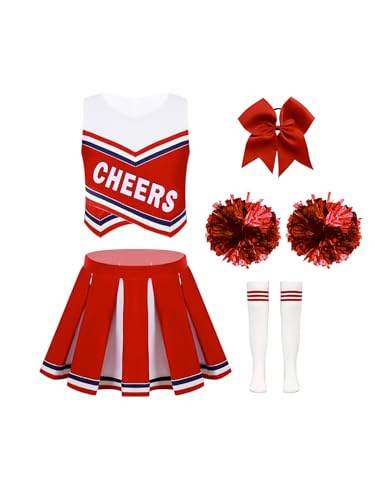 Aiihoo Mädchen Cheer Leader Kostüm Kinder Ärmellos Cheerleading Uniform Crop Top mit Mini Rock Pompoms Tanzbekleidung Karneval Party Halloween Kostüm B Rot 110-116 von Aiihoo