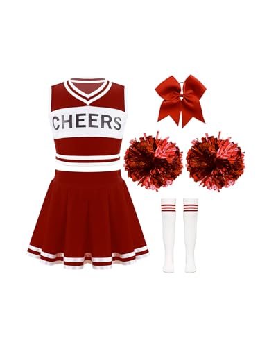 Aiihoo Mädchen Cheer Leader Kostüm Kinder Ärmellos Cheerleading Uniform Crop Top mit Mini Rock Pompoms Tanzbekleidung Karneval Party Halloween Kostüm E Rot 122-128 von Aiihoo