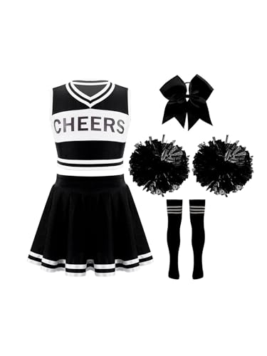 Aiihoo Mädchen Cheer Leader Kostüm Kinder Ärmellos Cheerleading Uniform Crop Top mit Mini Rock Pompoms Tanzbekleidung Karneval Party Halloween Kostüm E Schwarz 110-116 von Aiihoo