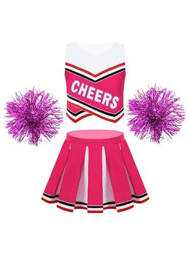 Aiihoo Mädchen Cheer Leader Kostüm Kinder Ärmellos Cheerleading Uniform Crop Top mit Mini Rock Pompoms Tanzbekleidung Karneval Party Halloween Kostüm Hot Pink 122-128 von Aiihoo