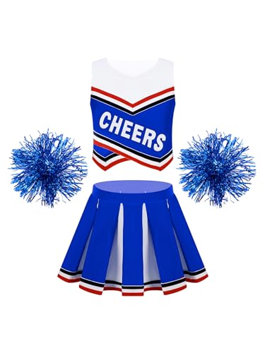 Aiihoo Mädchen Cheer Leader Kostüm Kinder Ärmellos Cheerleading Uniform Crop Top mit Mini Rock Pompoms Tanzbekleidung Karneval Party Halloween Kostüm Königsblau 146-152 von Aiihoo