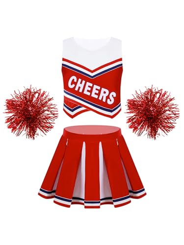 Aiihoo Mädchen Cheer Leader Kostüm Kinder Ärmellos Cheerleading Uniform Crop Top mit Mini Rock Pompoms Tanzbekleidung Karneval Party Halloween Kostüm Rot 158-164 von Aiihoo