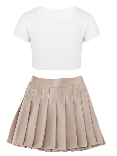 Aiihoo Mädchen Cheer Leader Kostüm Schulmädchen Uniform Crop Top Bauchfrei Oberteil Mini Rock Faltenrock Tanzrock Tanz Outfit Elfenbein Khaki 104-110 von Aiihoo